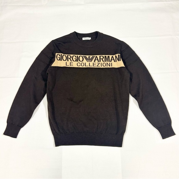 Vtg Giorgio Armani Le Collezioni Mens M/L Crewneck Logo Knit Sweater Brown Italy